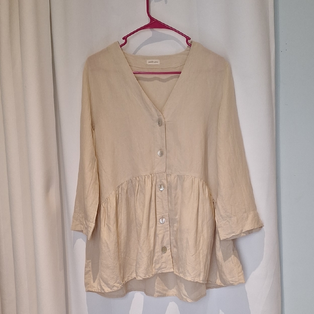 Jennifer And Grace Linen Blend Pemplum Button Down Top Size Medium
